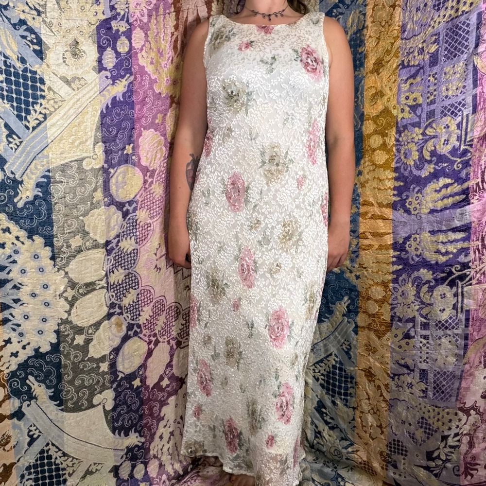 Ivory Lace Floral 90s Whimsy Fairycore Ethereal Maxi Dress Size M